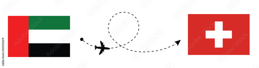 UAE to Switzerland flight travel concept. Abu Dhabi to Bern flight travel by airplane. UAE flag. Switzerland flag. UAE to Switzerland flight travel concept. Abu Dhabi to Bern flight travel by airplane. UAE flag. Switzerland flag.