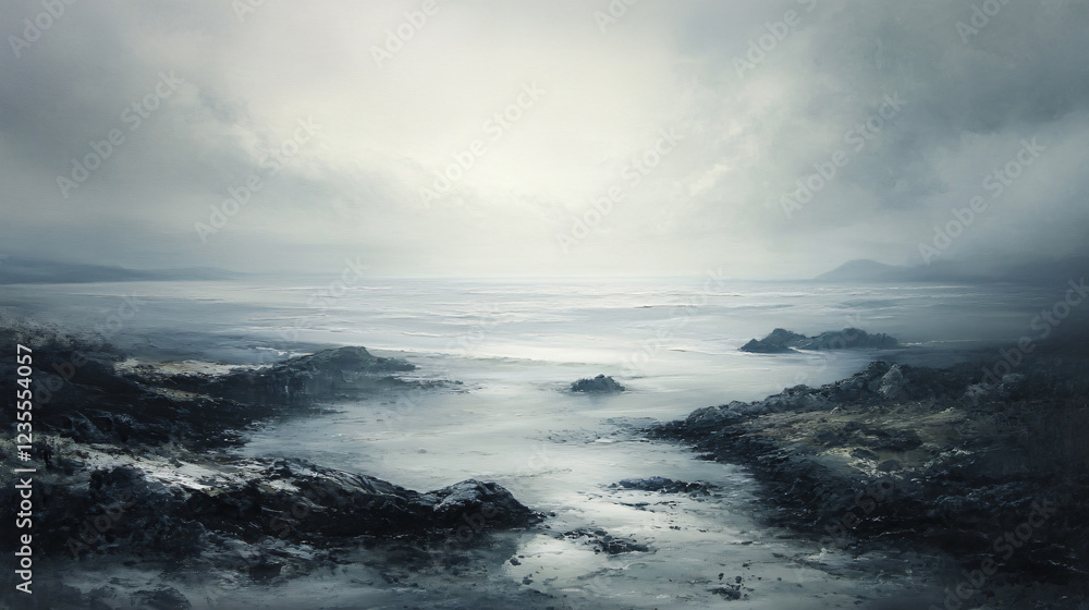 Obraz premium Misty rocky shoreline rugged coastal terrain crashing waves foggy seascape ocean view cliff tidal pool eerie landscape soft diffused light remote tranquil scenery moody natural sky vast wet wind muted