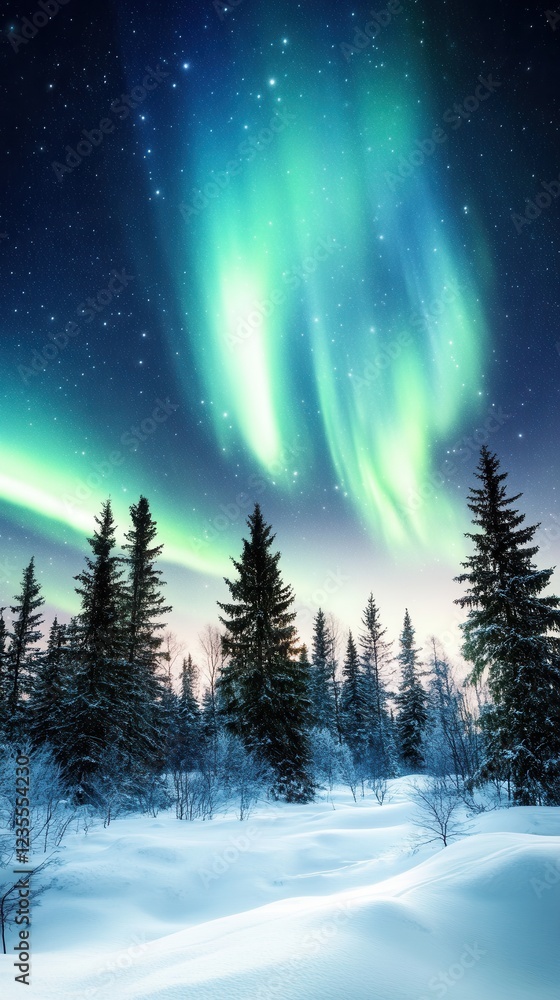 Fototapeta premium A breathtaking Arctic winter scene with a dense snow-covered forest under a vibrant aurora borealis, casting magical hues over the serene polar landscape.