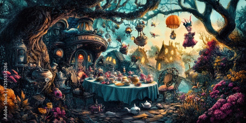 Whimsical Tea Party in a Fantasy Forest Setting Whimsical Tea Party in a Fantasy Forest Setting