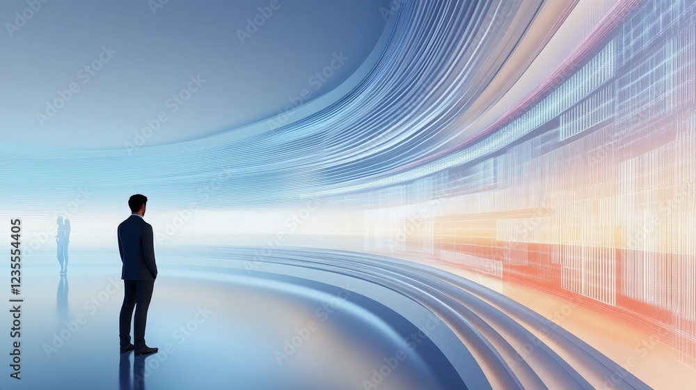 Business professional observing a futuristic digital landscape with flowing data streams and silhouettes Business professional observing a futuristic digital landscape with flowing data streams and silhouettes