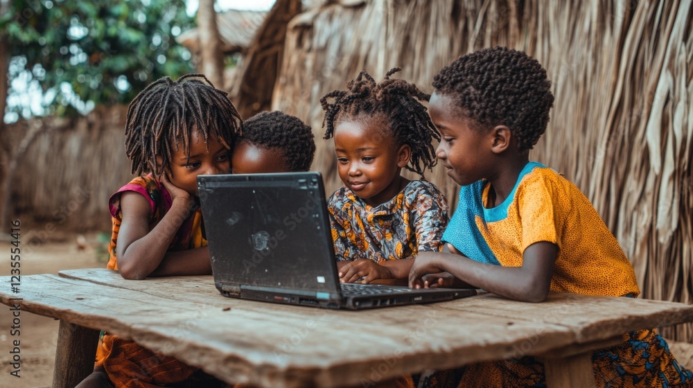 Fototapeta premium equality education volunteer service concept picture of underprivileged and poverty at Africa. African student is learning with secondhand laptop.