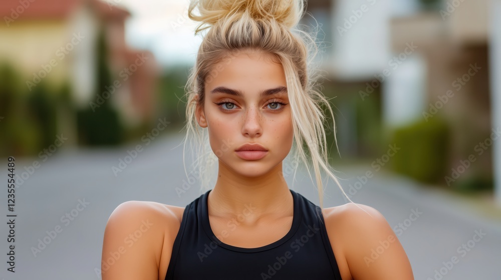Naklejka premium Portrait of a young girl in a black sports top, posing against a blurred background of a modern city, looking confident and serene