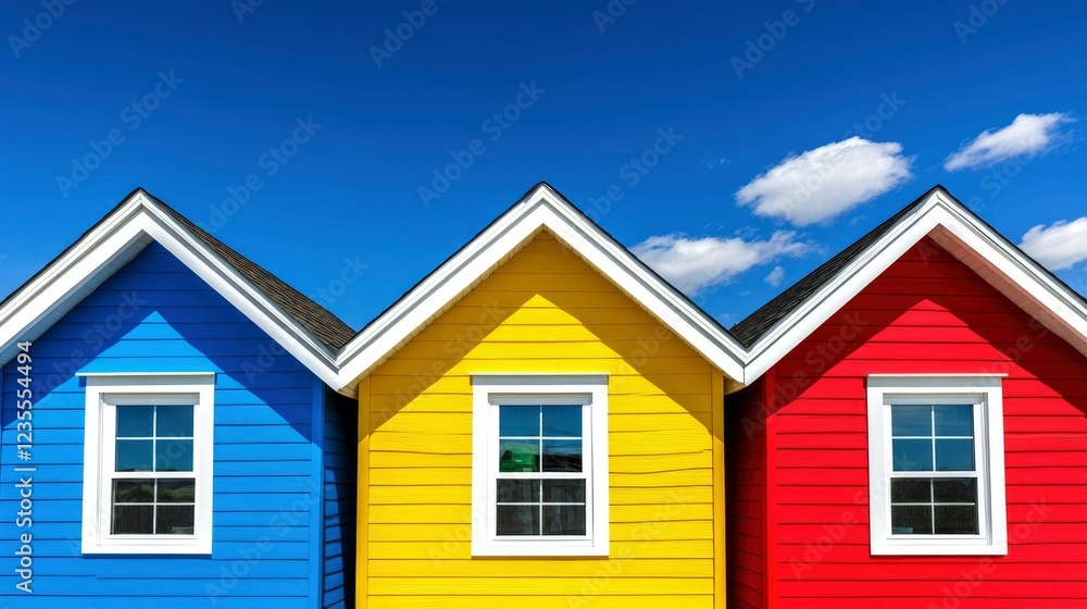 Vibrant Colorful Beach Houses Under a Sunny Sky Vibrant Colorful Beach Houses Under a Sunny Sky