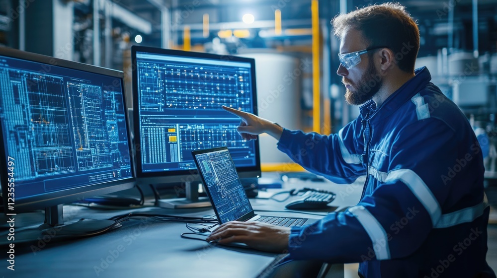 A professional engineer is checking scada system equipment in power plant industry factory.