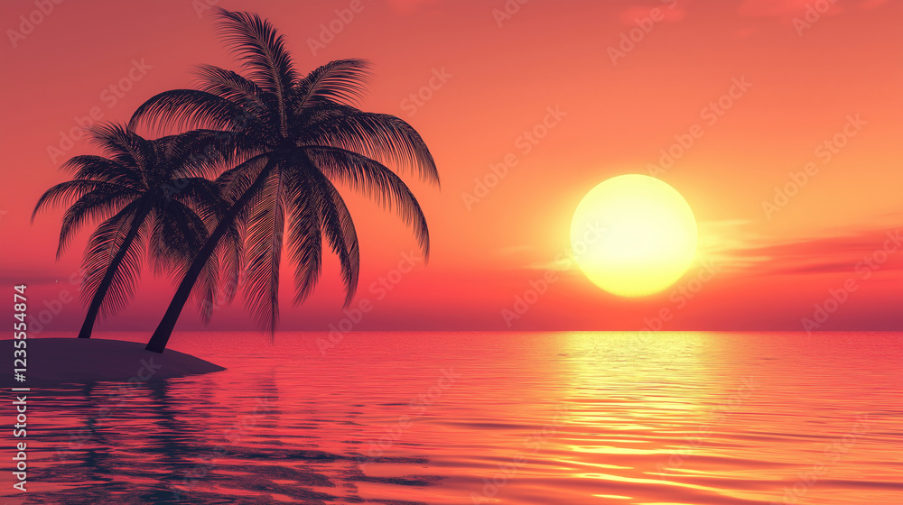 Obraz premium Two palm trees silhouetted against a fiery sunset