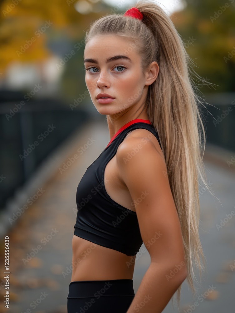 Full-length portrait of a young woman with ponytail, wearing a black sports top and red accents, standing outdoors in an autumn setting, with a confident and serious look Full-length portrait of a young woman with ponytail, wearing a black sports top and red accents, standing outdoors in an autumn setting, with a confident and serious look