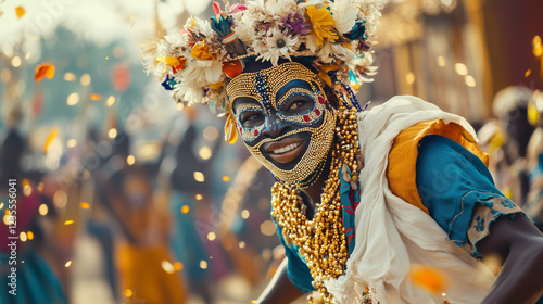 A ritual dancer wearing a colorful mask and costume with gold bead ornaments, dancing with energetic movements in front of a statue of the Goddess Osun, Ai generated images photo