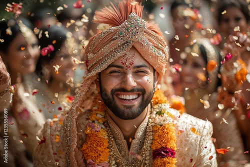 Happy groom, flower shower, wedding, India