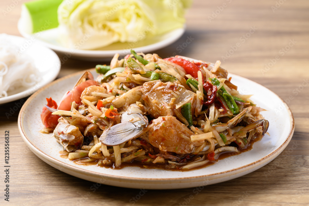 Spicy papaya salad with blue crab (Som Tum), Thai food Spicy papaya salad with blue crab (Som Tum), Thai food