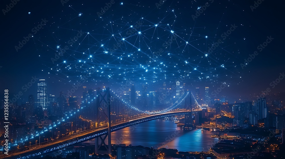 Obraz premium Night city bridge network connection global future