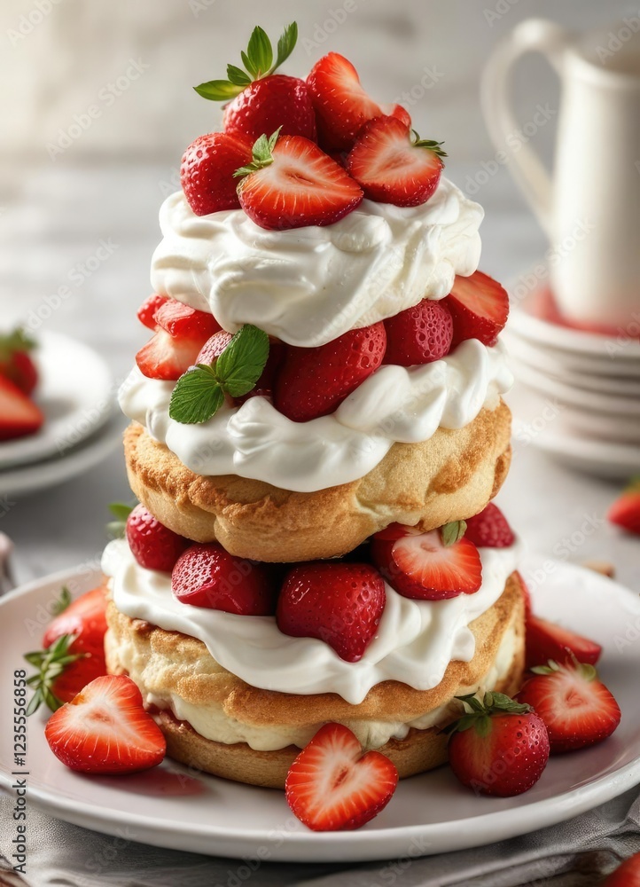 A stack of strawberry shortcakes with whipped cream and sliced strawberries on top, arranged artfully on a plate , sweet treats, dessert table A stack of strawberry shortcakes with whipped cream and sliced strawberries on top, arranged artfully on a plate , sweet treats, dessert table