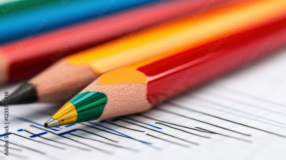 Fototapeta premium Colorful Pencils on Paper - Close-up of Writing Utensils