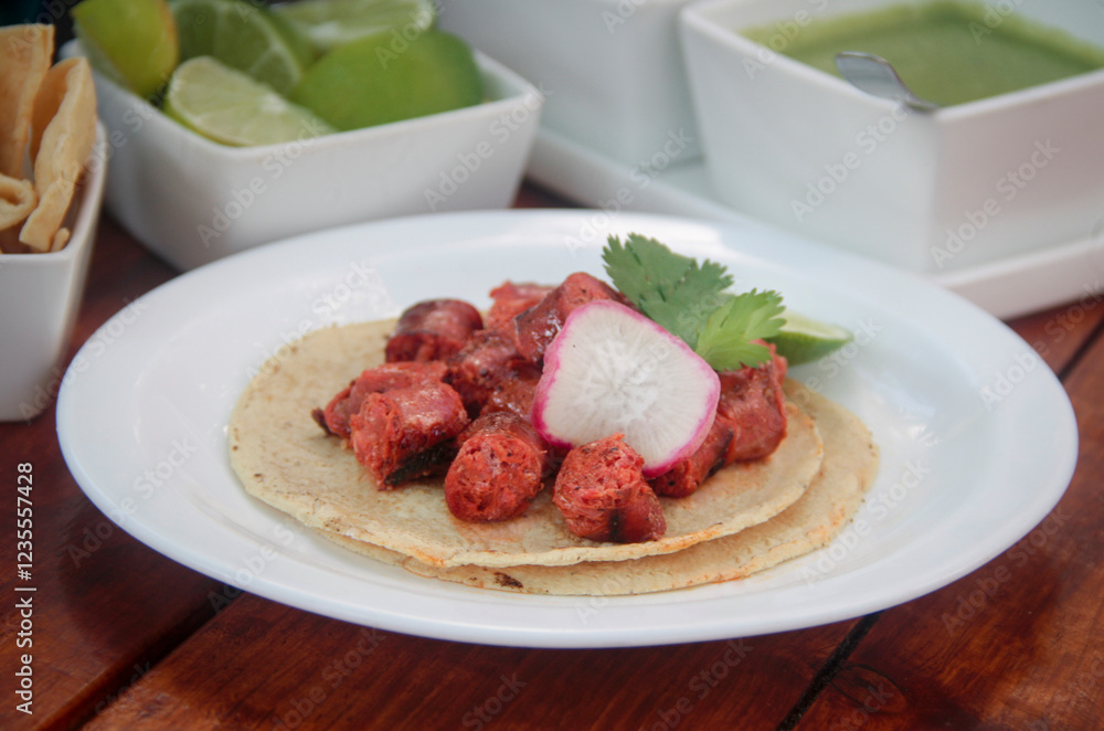 Close-up of a juicy grilled chistorra taco with radish and cilantro, highlighting the sausage, grill marks, and vibrant colors in a tropical setting. Close-up of a juicy grilled chistorra taco with radish and cilantro, highlighting the sausage, grill marks, and vibrant colors in a tropical setting.