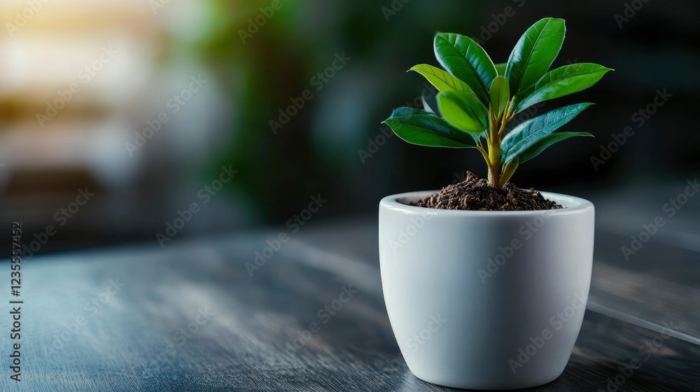 Young Plant in White Pot on Wooden Table, Growth and New Beginnings Concept Young Plant in White Pot on Wooden Table, Growth and New Beginnings Concept