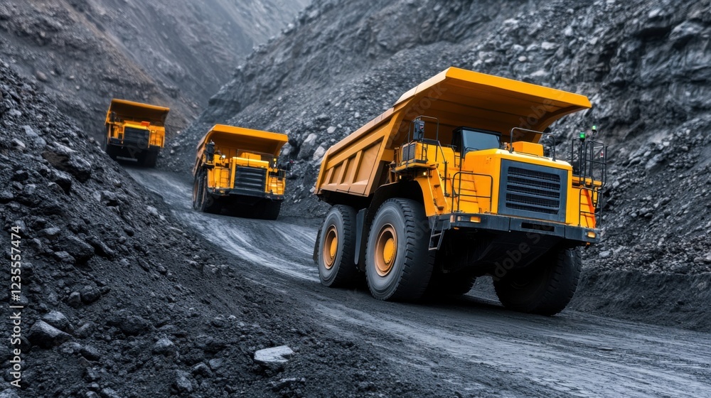 Heavy Construction Trucks Transporting Materials in a Rugged Mining Environment with Dark Rocky Terrain Heavy Construction Trucks Transporting Materials in a Rugged Mining Environment with Dark Rocky Terrain