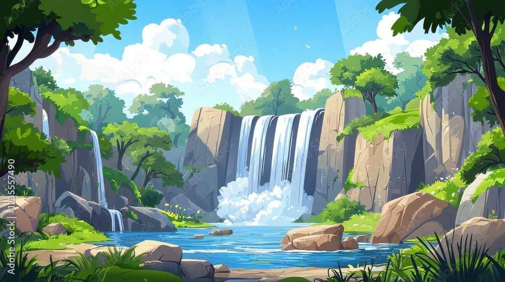 Naklejka premium Lush Green Forest Waterfall Scenic Landscape