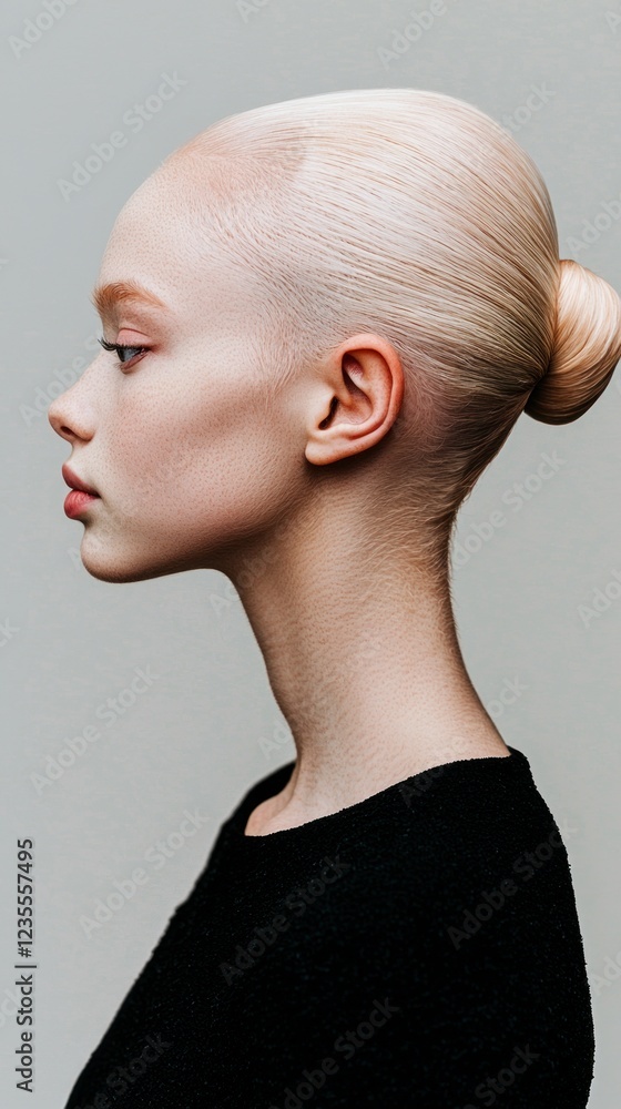 Fototapeta premium Profile of Albino Woman Blonde Bun Elegant Fashion Beauty