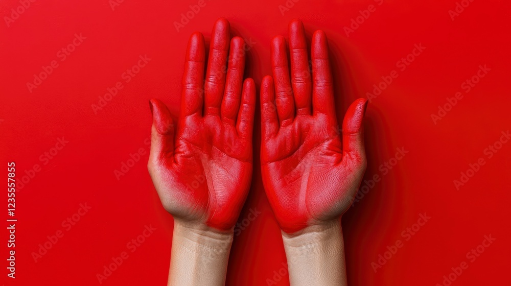 Obraz premium Two Red-Painted Hands Against a Red Background A Symbolic Image of Unity, Passion, or Protest