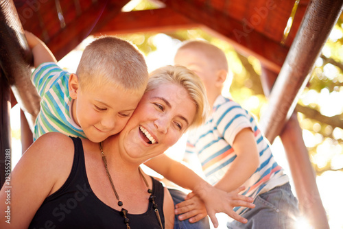 Obraz na plátně Happy, jungle gym and mom with children in park for playing, childhood and adventure outdoors