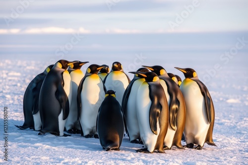 Majestic King Penguins Huddle in Antarctic Sunset Glow photo