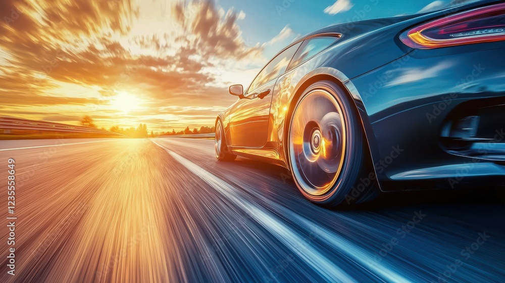 Obraz premium sleek car driving on open road at sunset, showcasing speed and freedom. vibrant sky enhances dynamic atmosphere of scene