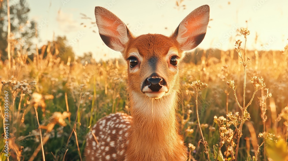 Fawn in sunset meadow, wildlife closeup Fawn in sunset meadow, wildlife closeup