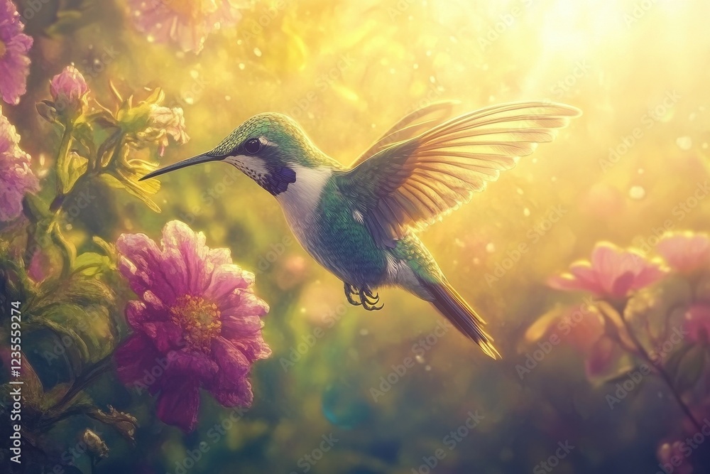 Hummingbird in Flight Near Pink Flowers in Sunlight Hummingbird in Flight Near Pink Flowers in Sunlight