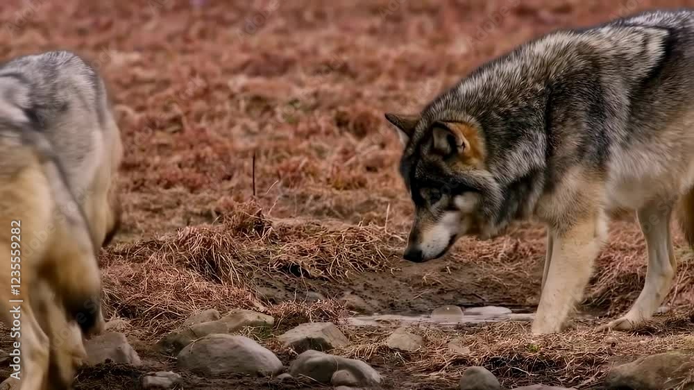 Two wolves cautiously investigate a small water source in a dry wilderness, their keen eyes scanning the surroundings for any potential threats. Two wolves cautiously investigate a small water source in a dry wilderness, their keen eyes scanning the surroundings for any potential threats.