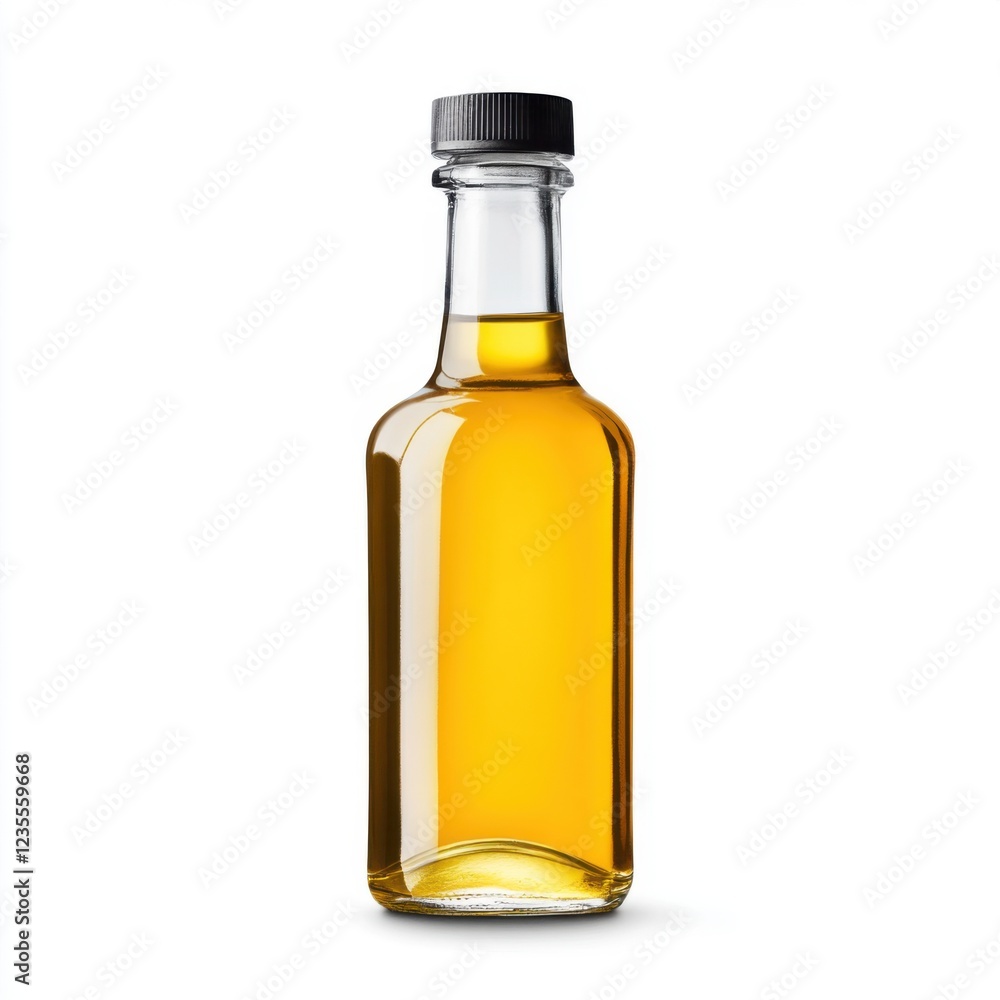 Clear glass bottle of natural oil with a shiny cap and golden hue on a minimalist white background Clear glass bottle of natural oil with a shiny cap and golden hue on a minimalist white background