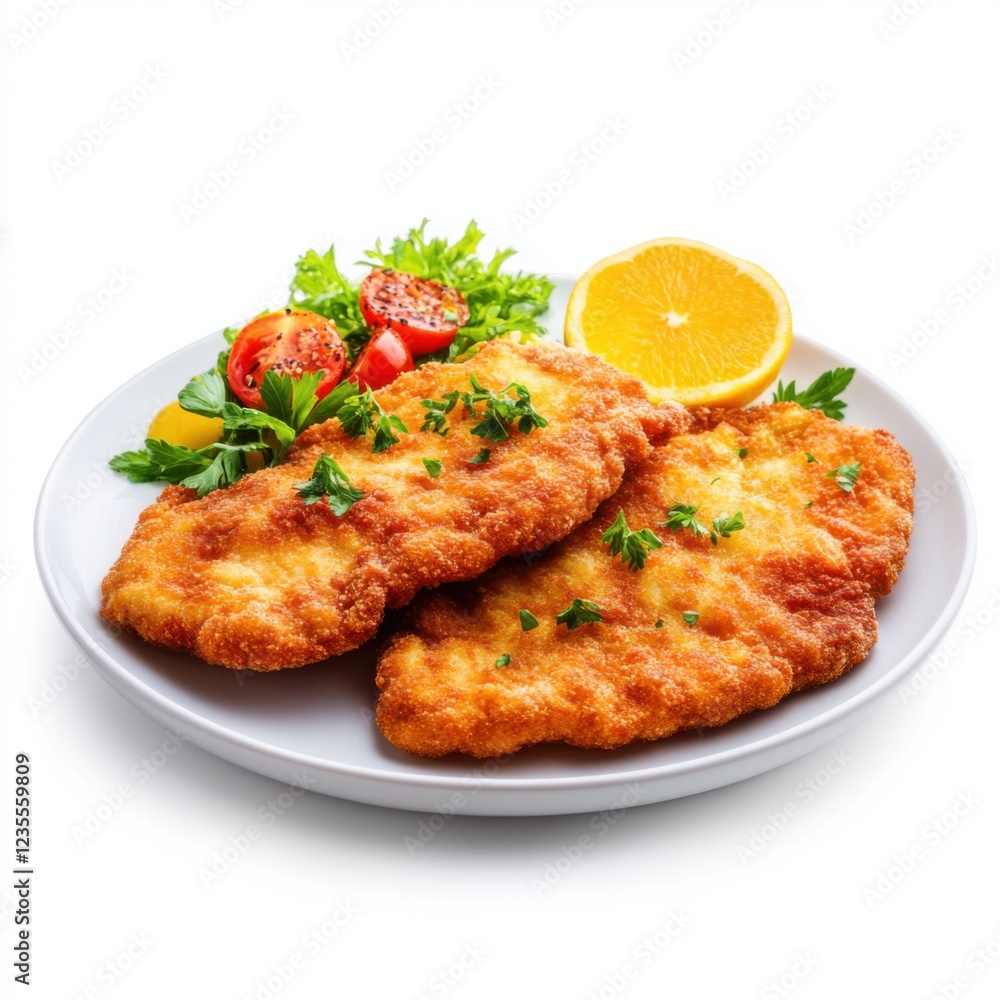 Crispy Fried Chicken Fillets Served with Fresh tomatoes, Orange Slices, and Green Parsley Garnish on a Plate Crispy Fried Chicken Fillets Served with Fresh tomatoes, Orange Slices, and Green Parsley Garnish on a Plate