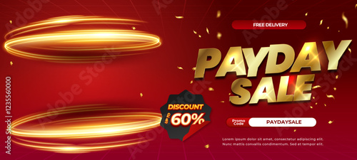 Payday Sale discount deals Dynamic Red gradient with Spiral Flash light podium showcase abstract Editable Gold text effect Horizontal banner template