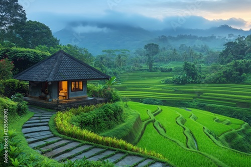 Serene rice terraces at dawn with a traditional house and lush greenery in Bali