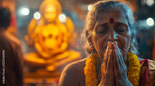 an old woman raises her hands in prayer in front of the idol of Lord Murugan, Ai generated images photo