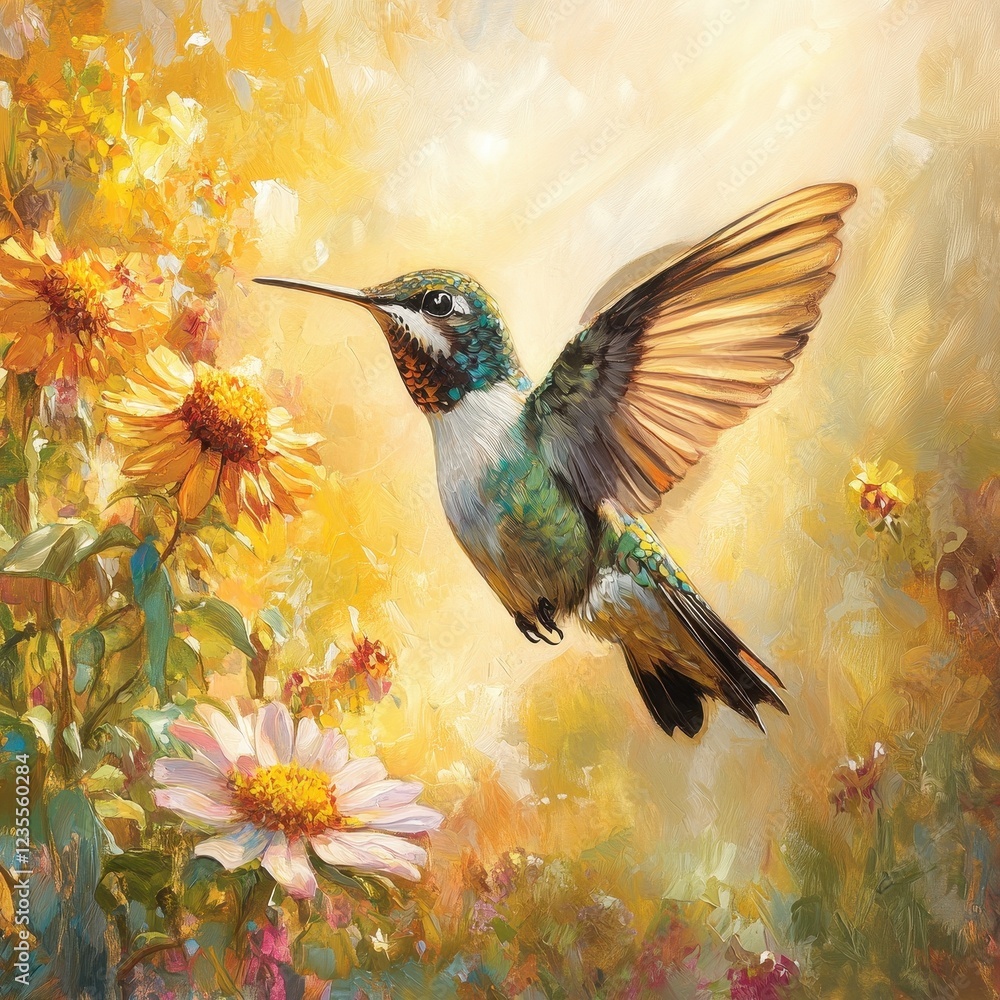 Fototapeta premium Hummingbird in Flight Among Golden Flowers