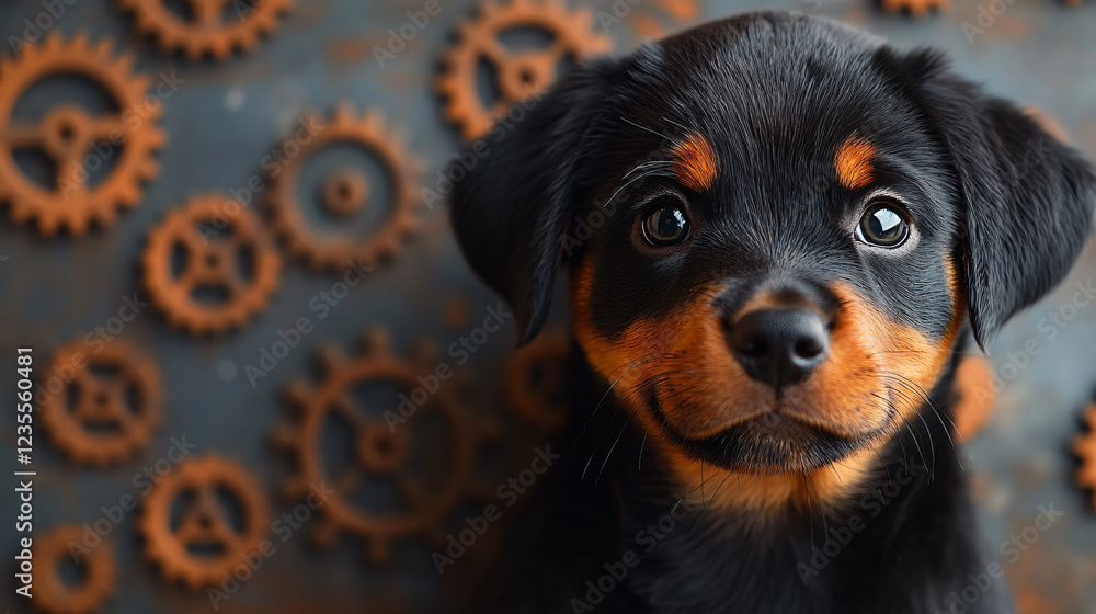 Adorable Rottweiler puppy heart shape spot sitting gears playful cute black tan fur bright eyes industrial charming pet photography dog portrait warm soft fun joy wallpaper veterinary shelter adoption Adorable Rottweiler puppy heart shape spot sitting gears playful cute black tan fur bright eyes industrial charming pet photography dog portrait warm soft fun joy wallpaper veterinary shelter adoption