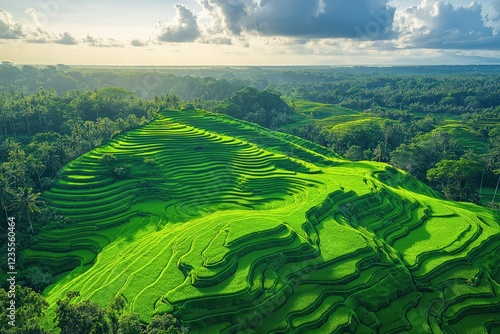 Lush green rice terraces under a vibrant sky in Bali during the golden hour