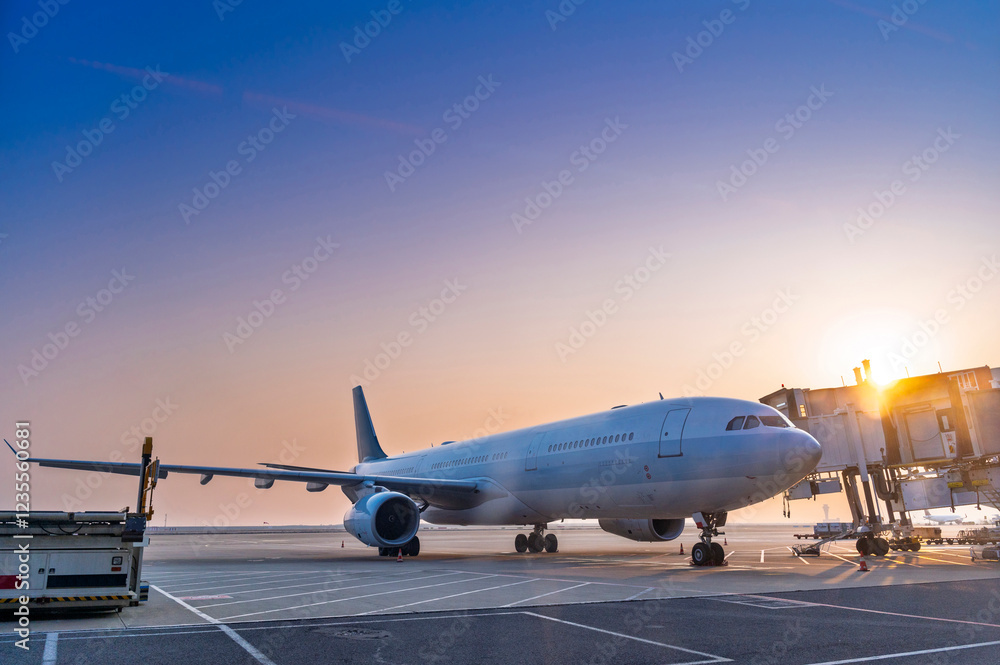 Airplane jet waiting to runway on taxi lane in airport and aircraft traffic to take off with sunset background, view from window air plane.