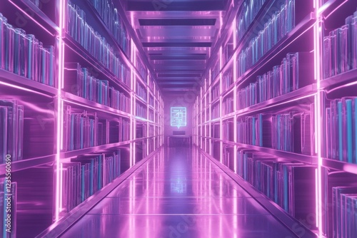Wallpaper Mural Neon Lit Bookshelves Line A Futuristic Library Corridor Torontodigital.ca