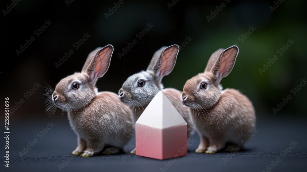 Fototapeta premium Adorable Bunny Trio Cute Rabbits Pet Animals Easter Home Decor Spring Fluffy Fur W