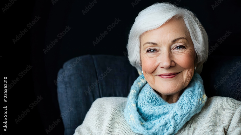 Portrait of a Smiling Senior Woman with Short Gray Hair and Blue Knit Scarf Portrait of a Smiling Senior Woman with Short Gray Hair and Blue Knit Scarf