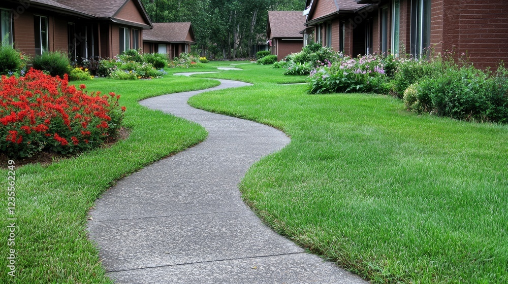 Obraz premium Winding Walkway Through Lush Green Lawn in Residential Community