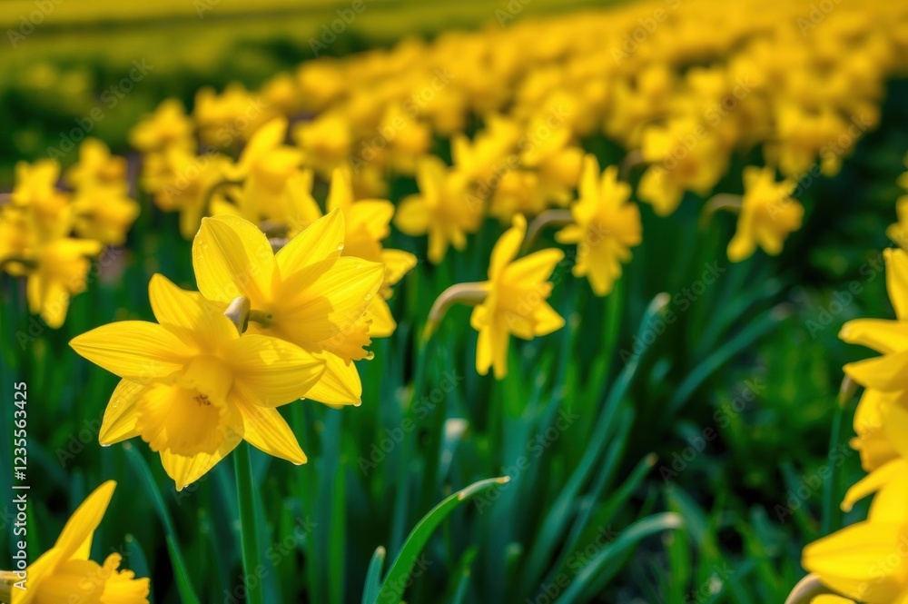 Vibrant Yellow Daffodils Blooming in a Sunny Spring Meadow: A Stunning Macro Photography Shot Vibrant Yellow Daffodils Blooming in a Sunny Spring Meadow: A Stunning Macro Photography Shot