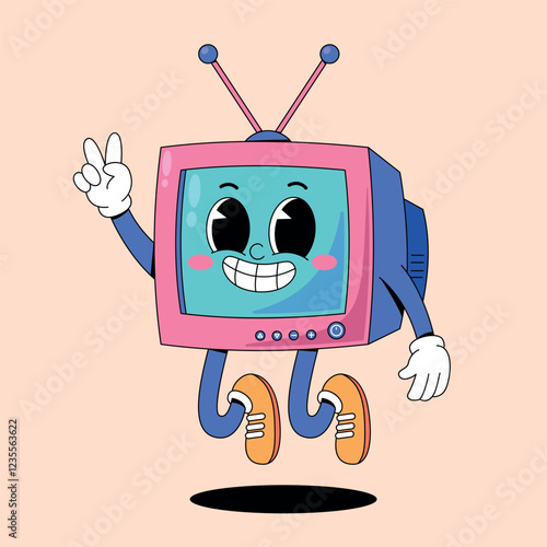 Retro cartoon jumping vintage television mascot