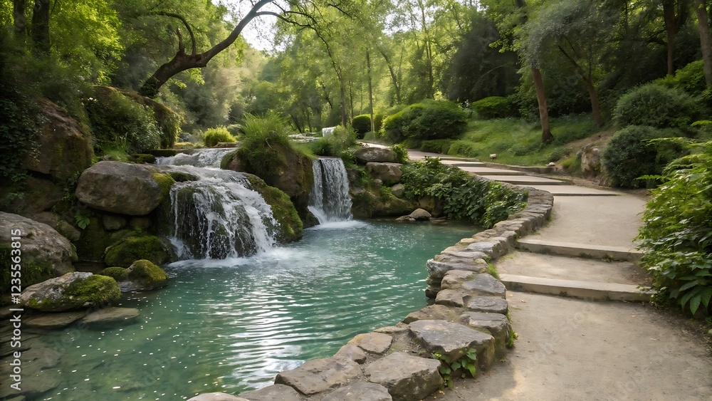 Naklejka premium Elegant Garden Fountain Surrounded by Blooming Flowers at Sunset
