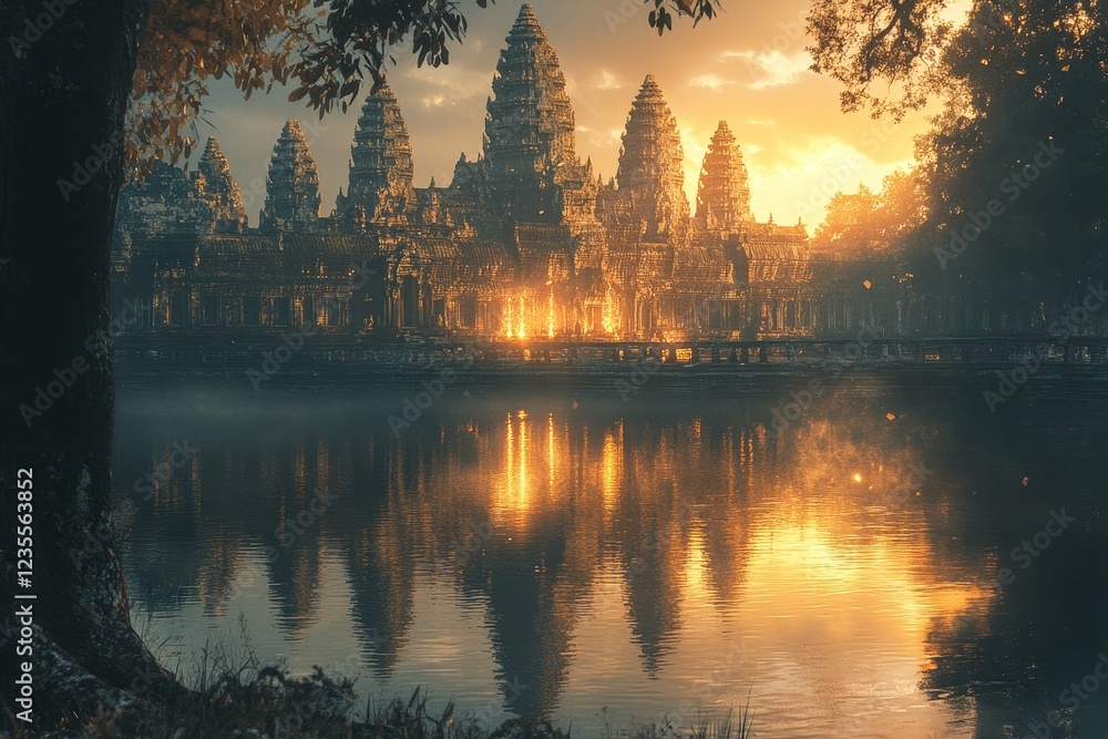 Obraz premium Sunrise Angkor Wat reflection, misty lake, travel