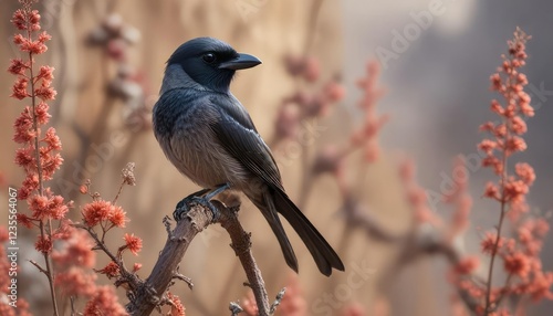 A stunning image of an Ashy Drongo perched on a dry stem amidst the dried flowers, bird watching, wildlife, insectivore