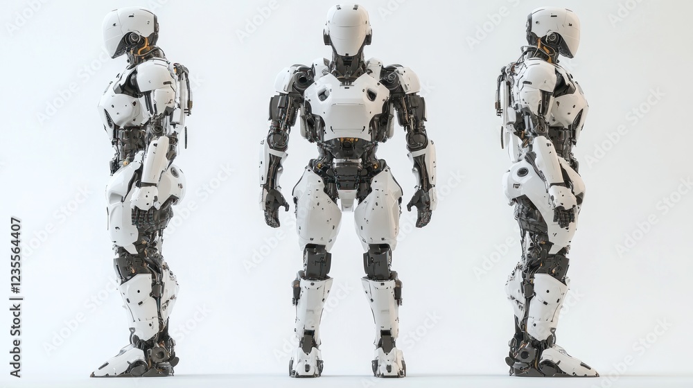 Futuristic robot, three views, white studio. Sci-fi illustration Futuristic robot, three views, white studio. Sci-fi illustration