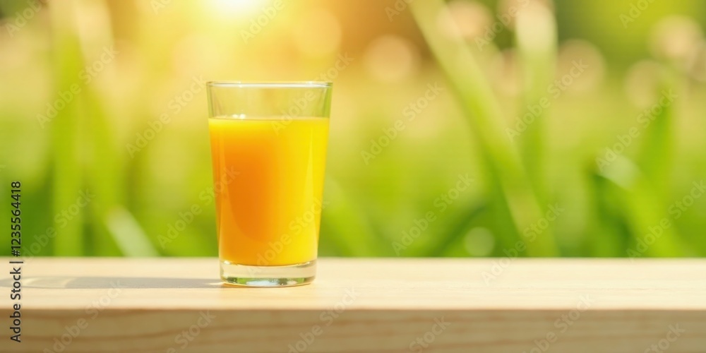 Refreshing citrus beverage in a glass on a wooden surface, bathed in sunlight with a verdant backdrop Refreshing citrus beverage in a glass on a wooden surface, bathed in sunlight with a verdant backdrop