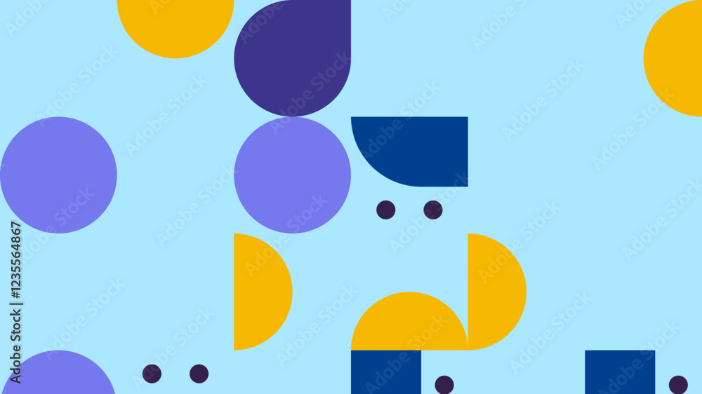 Modern Geometric Seamless Pattern with Abstract Shapes in Blue, Yellow, and Purple on White Background Modern Geometric Seamless Pattern with Abstract Shapes in Blue, Yellow, and Purple on White Background